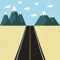 Road landscape. Asphalt road with mountains, sky and clouds in flat style. Vector background Royalty Free Stock Photo